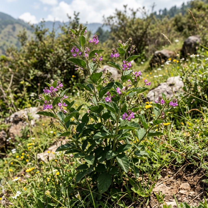 Purple wildflower growing in a sunny alpine meadow with mountains behind